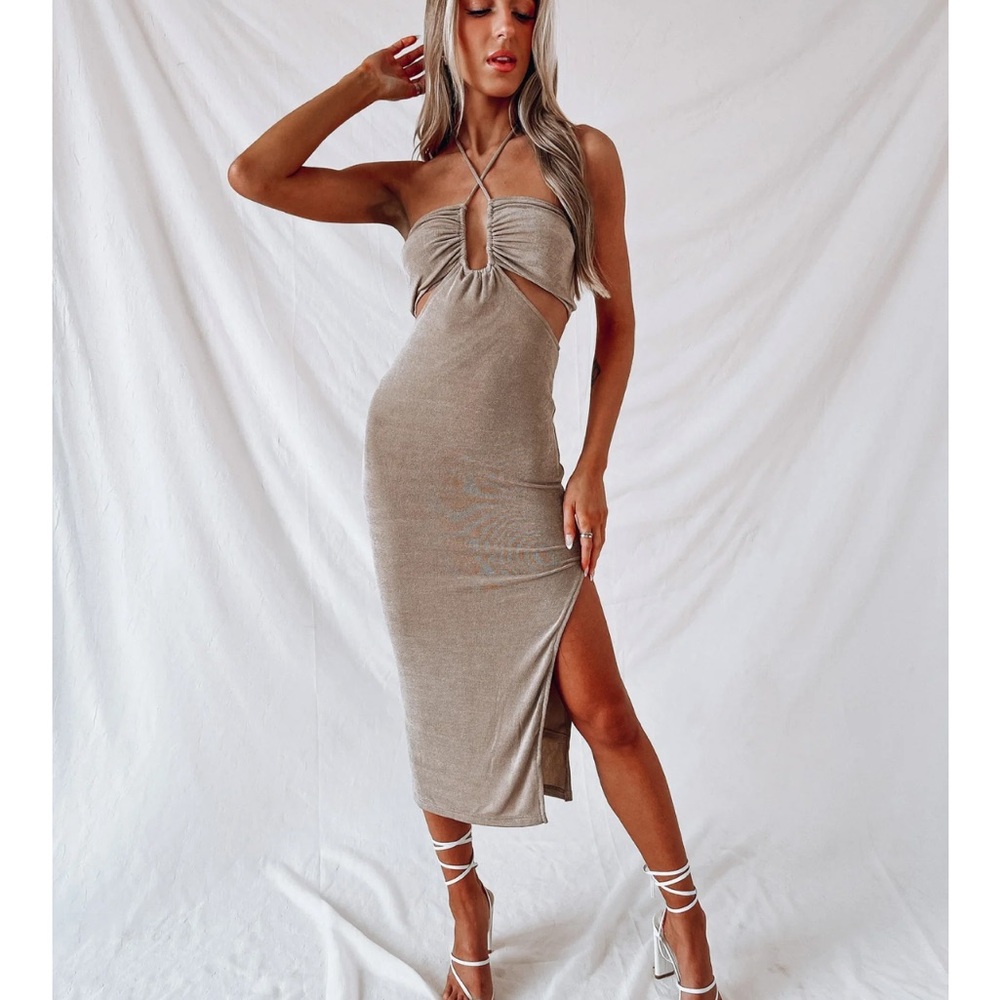 Portia Cut Out Midi Dress in Taupe